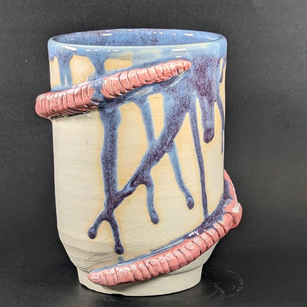 Handmade ceramic earth worm cup or vase 5 1/4", purple glazed drinking cup